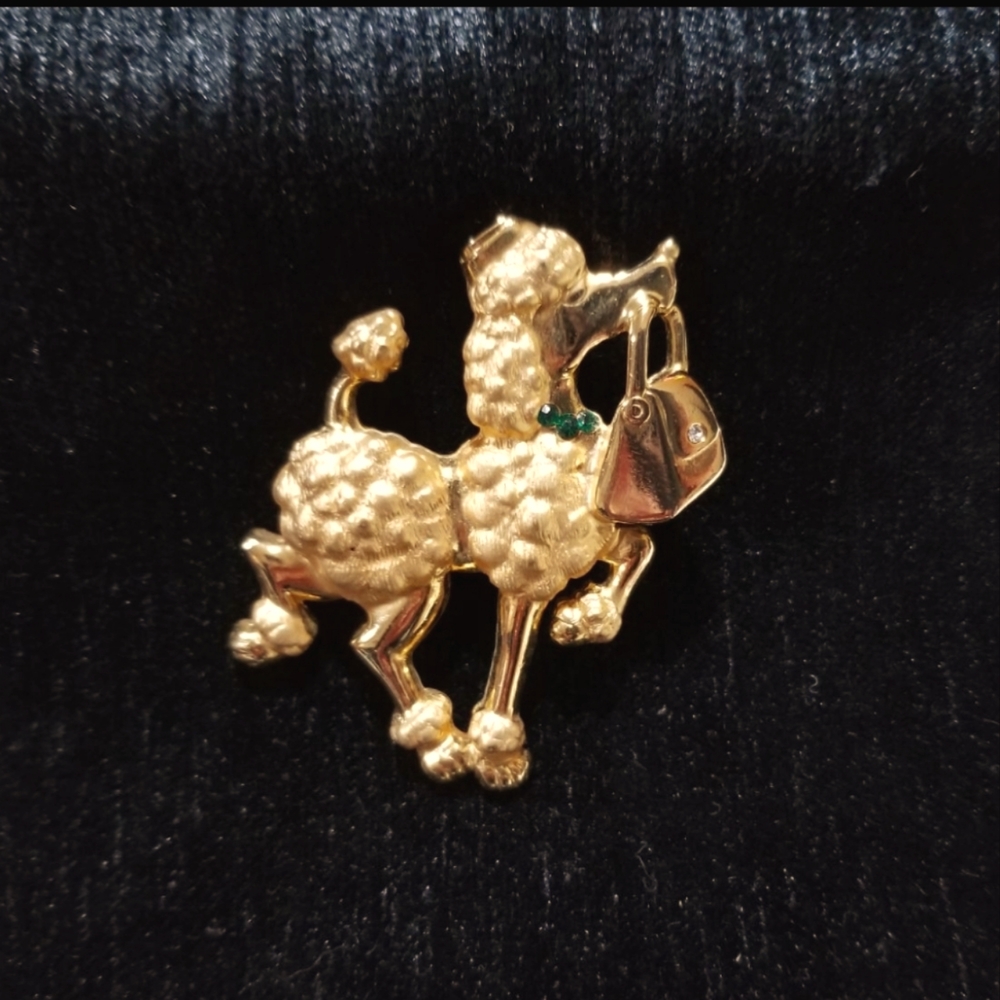 Poodle with Faux Emerald Collar Brooch by Jonette Jewelry